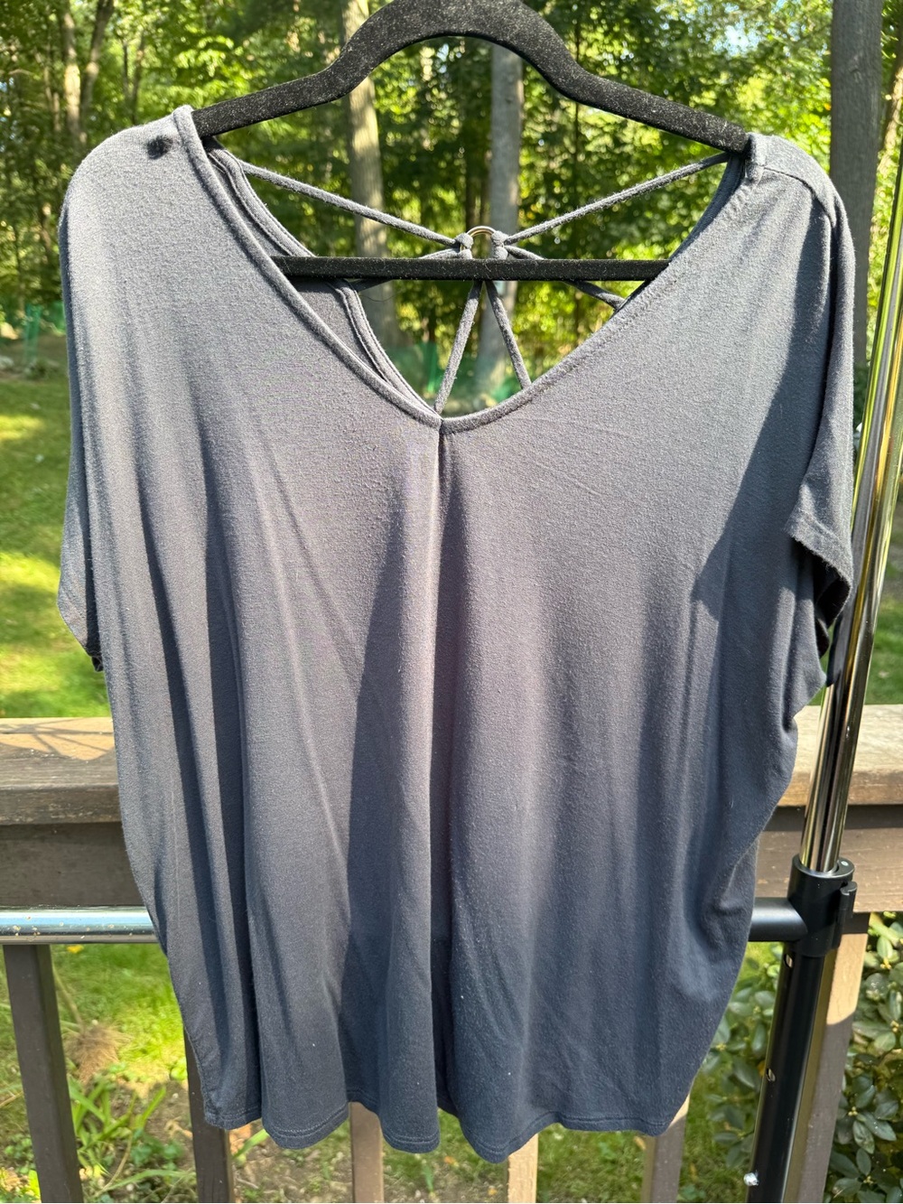 Papermoon Charcoal Gray V-Neck Short Sleeve Top with Back Strap Detail